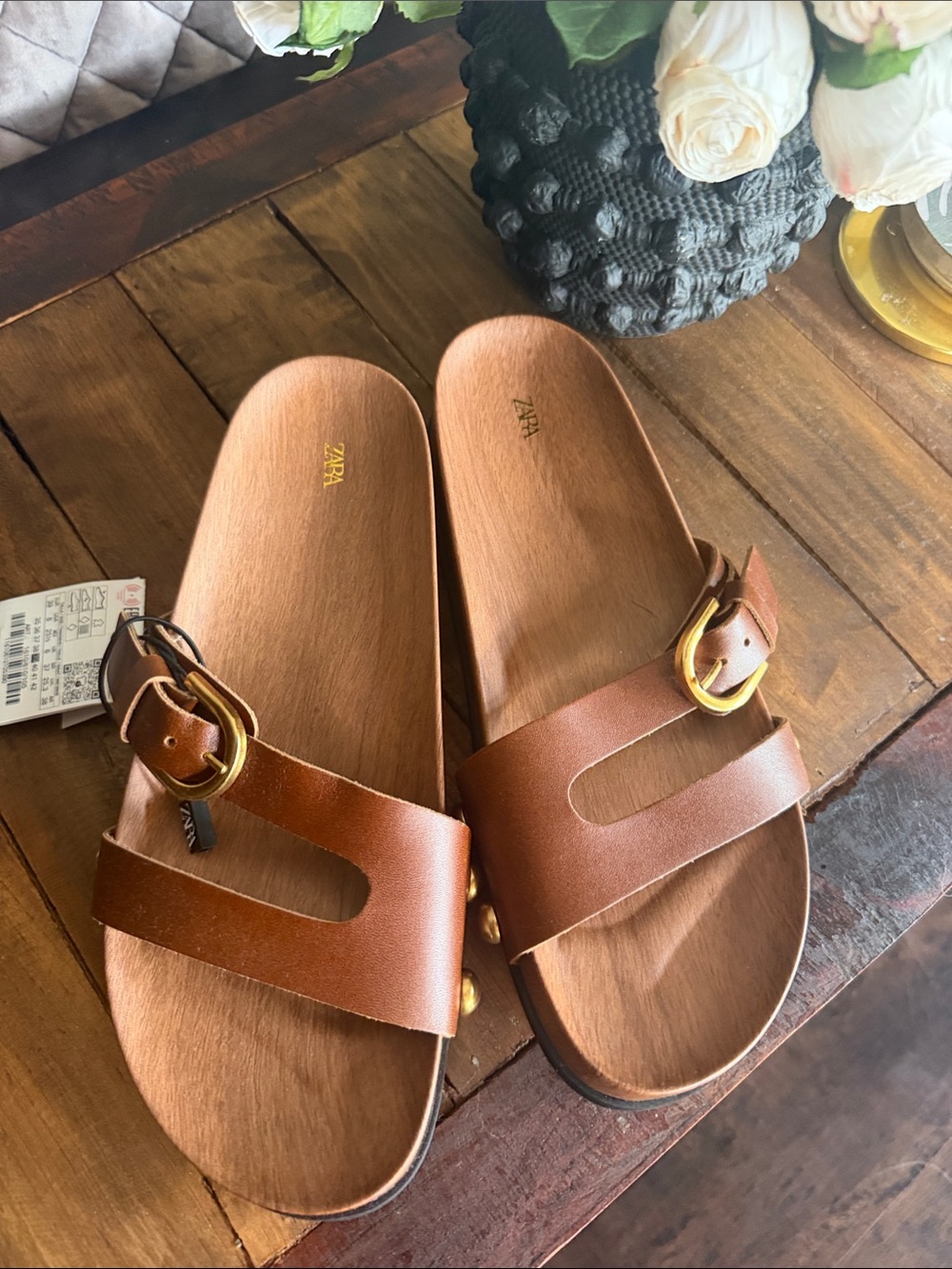 Zara Brown Leather Slide Sandals with Gold Buckles